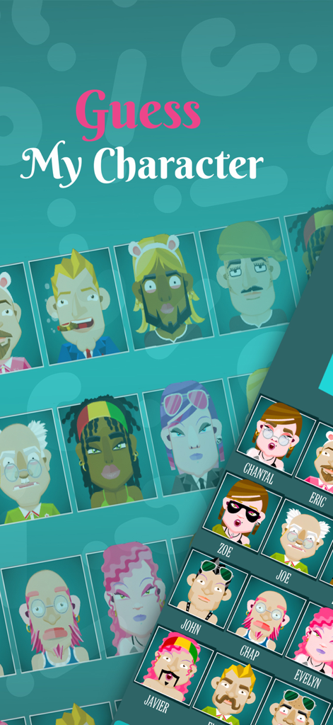 Guess My Character - A grid of diverse characters with names in the Guess My Character mobile app game interface