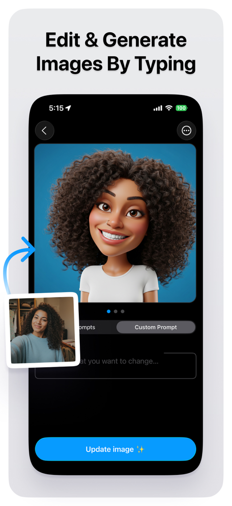 AI Photo Editor and Generator - Interface of an AI photo editor transforming a real portrait into a 3D cartoon character via text prompts.