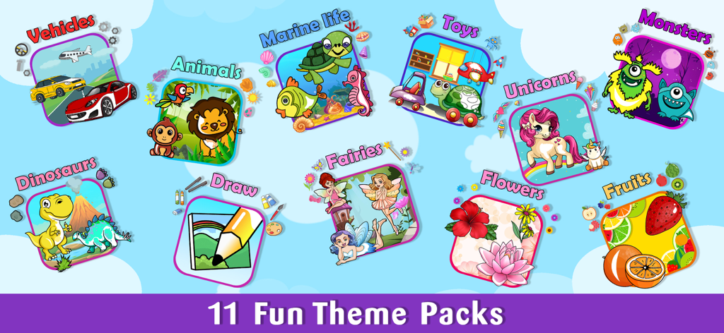 Coloring & drawing games kids - Display of 11 creative theme packs for children including animals, vehicles, and unicorns.