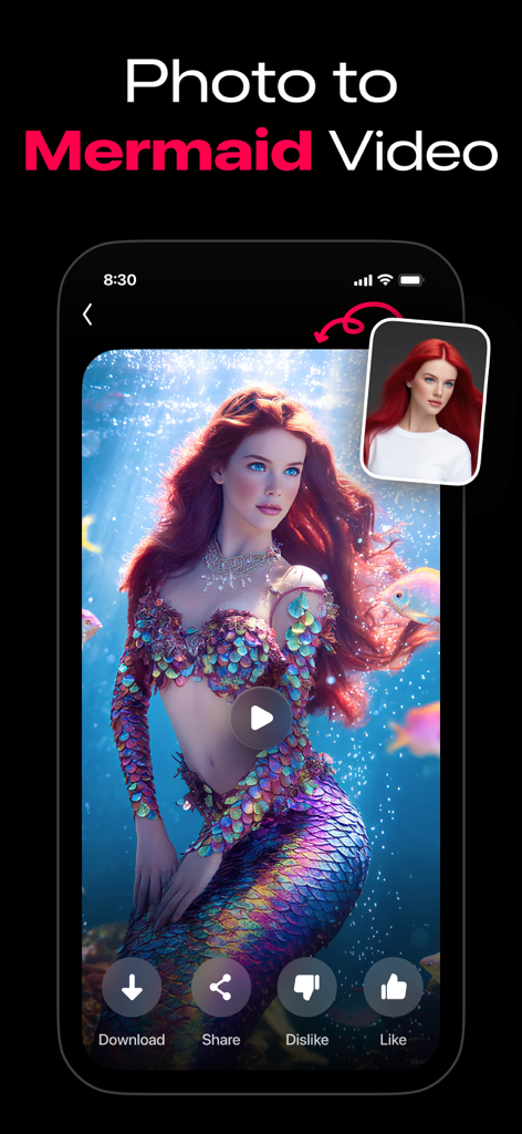 ArtReel app interface showing a photo to mermaid video transformation