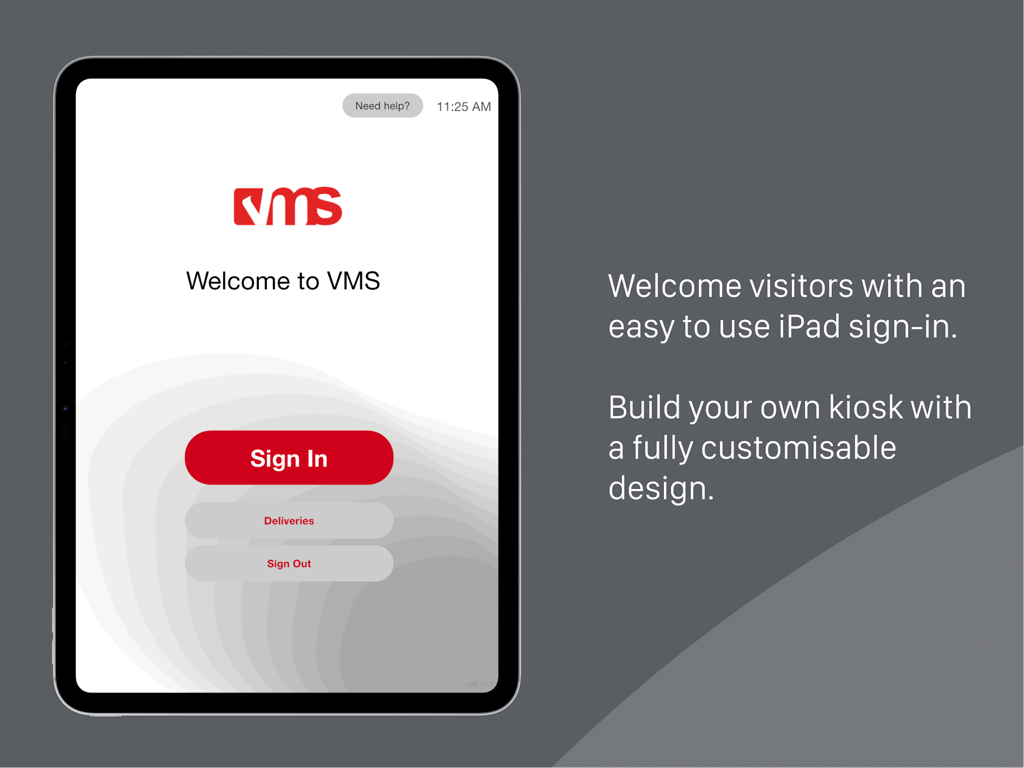 iPad-Anzeige der Begrüßungsseite des Besuchermanagement-Kiosks mit Anmelde- und Lieferoptionen
