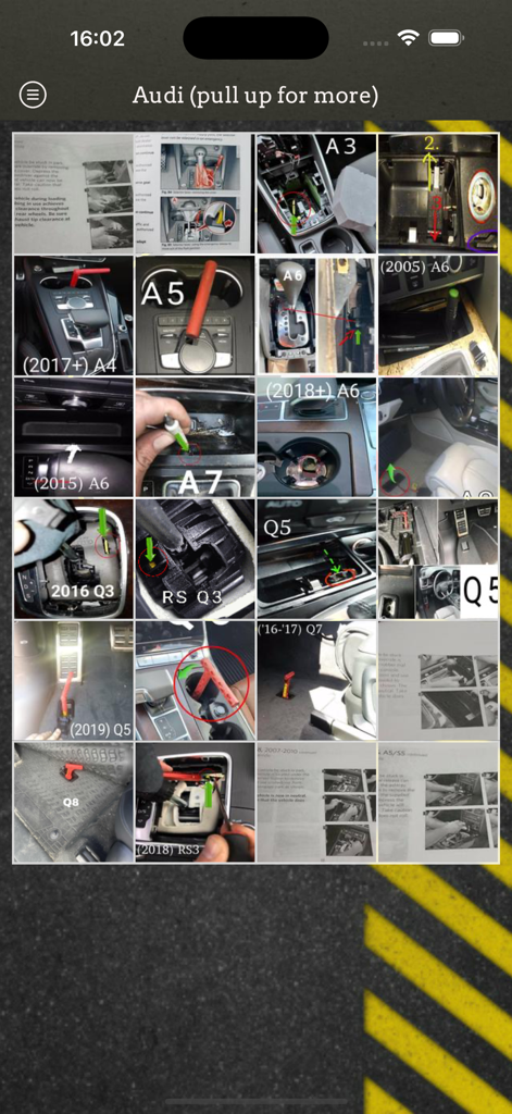 ShiftLock - A collection of photos from the ShiftLock app showing manual shift release locations for various Audi vehicle models including A4, Q5, and Q7.