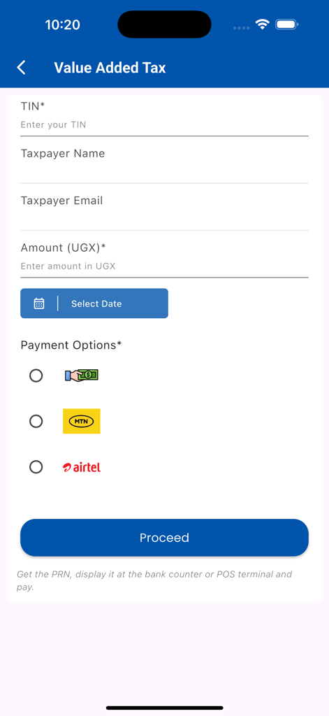 AskUra - AskUra app screen for Value Added Tax payment with fields for TIN and payment options