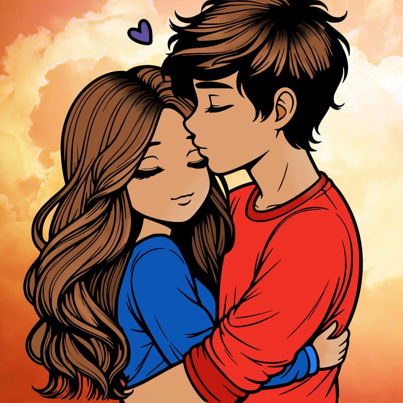 a realistic couple boy and girl hugging and kissing