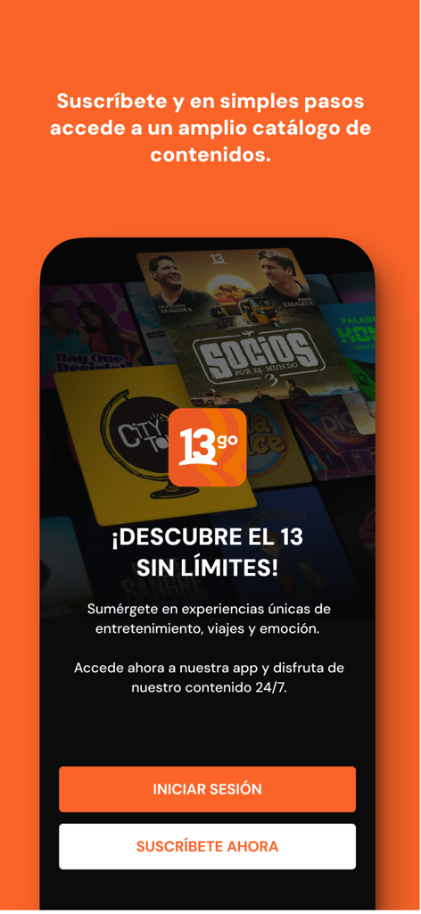 13 GO - 13 GO app interface with Chilean television content and subscription options