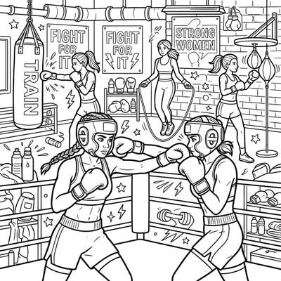 Dive into the empowering world of boxing with this action-packed coloring page designed for teens. Featuring strong female athletes training hard in a vibrant gym setting, it's perfect for celebrating strength and determination.