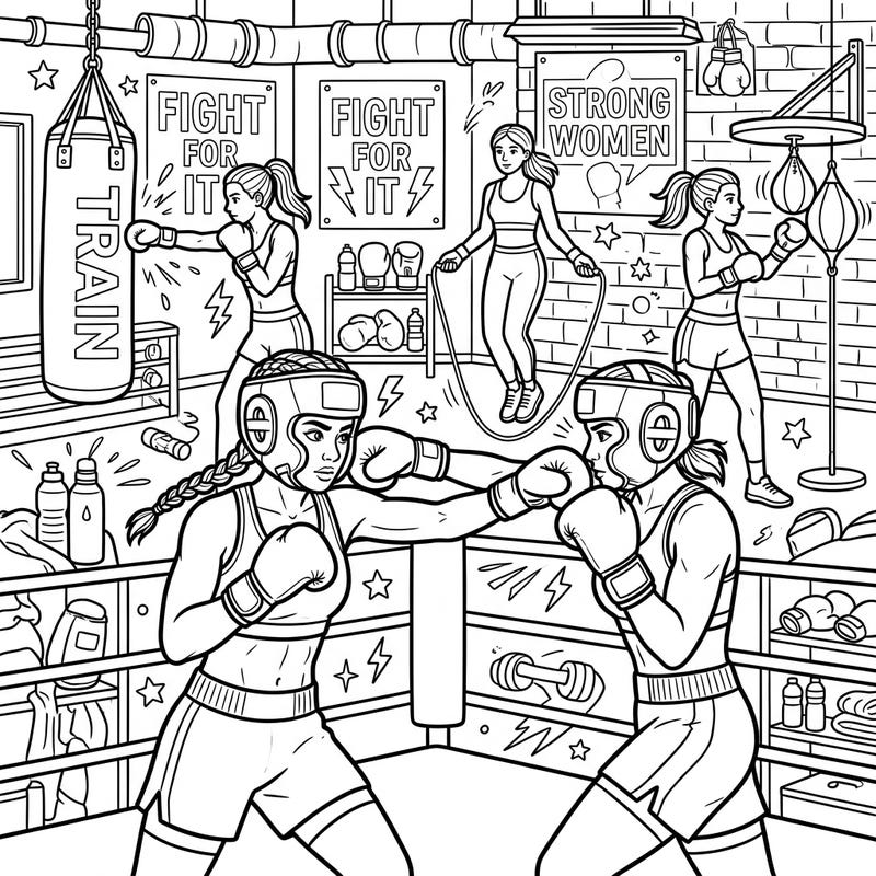 Dive into the empowering world of boxing with this action-packed coloring page designed for teens. Featuring strong female athletes training hard in a vibrant gym setting, it's perfect for celebrating strength and determination.