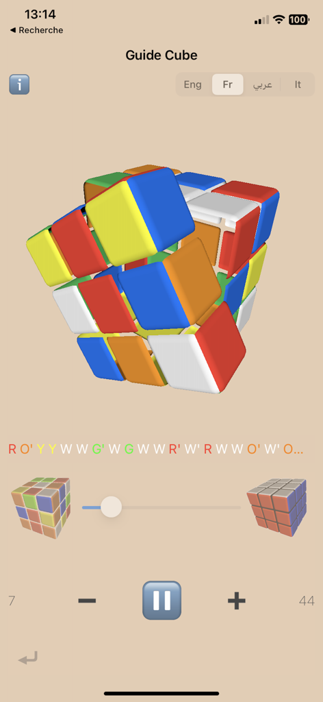 Solve and Scramble for Dummies app screen showing a 3D Rubik's Cube solving guide with move notations and playback controls.