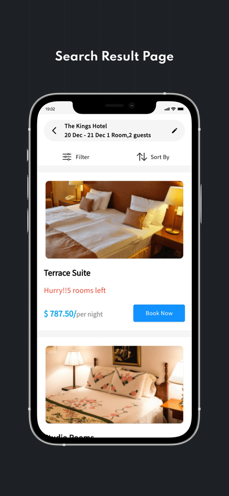 QloApps Hotel App Builder - 価格と今すぐ予約ボタンが表示されたホテルの部屋検索結果を示すモバイル画面