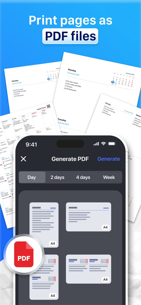Interface for exporting digital planner pages to PDF files
