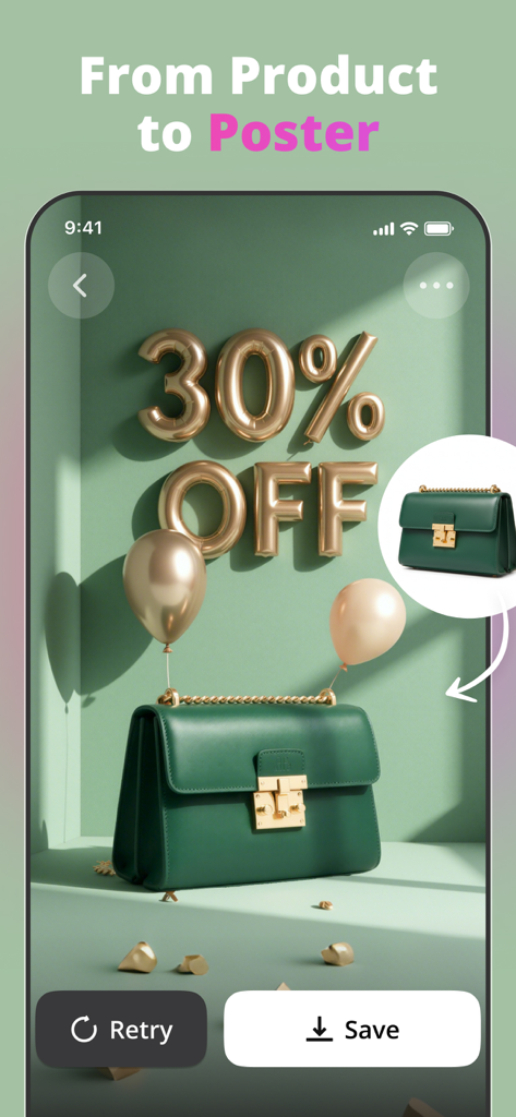 A mobile app interface displaying a green handbag being turned into a 30 percent off sale poster using AI templates