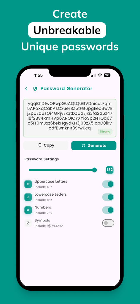 DroidPass Password Manager - Interface of the DroidPass Password Generator showing customizable settings to create strong and unbreakable passwords