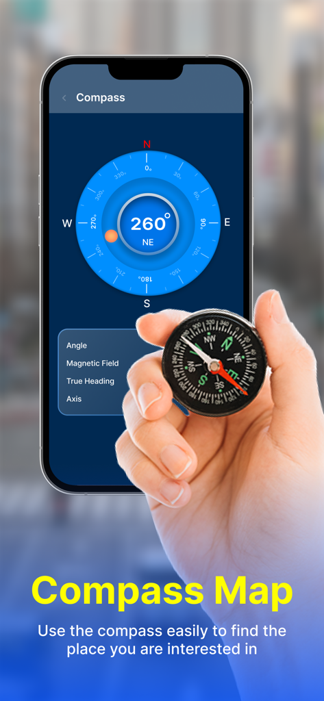 3D Earth Map - Una interfaz de brújula digital en la pantalla de un teléfono inteligente con datos direccionales para la navegación.