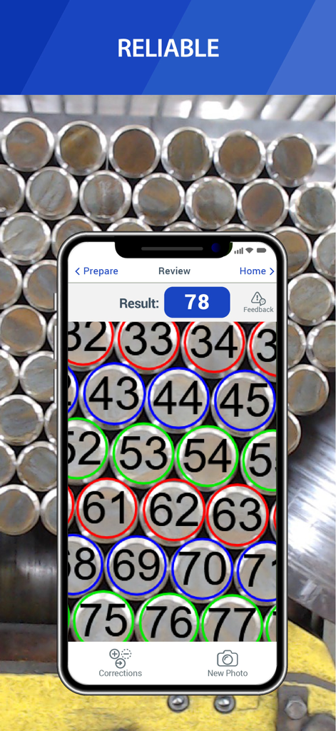 Smartphone screen showing the CountThings app automatically labeling and counting 78 industrial metal pipes.