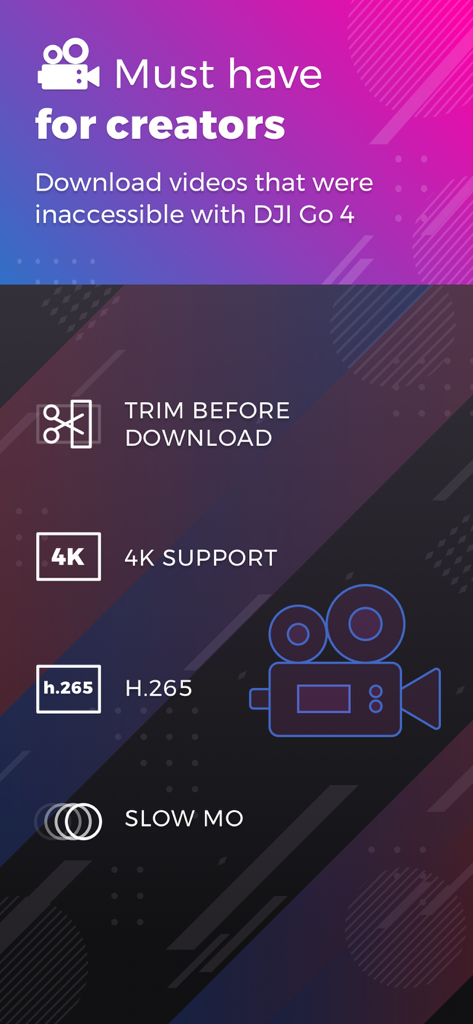 Sync for DJI: Go Mobile First - Lista de funciones de la aplicación Sync for DJI que incluye recorte antes de descargar, soporte 4K, H.265 y cámara lenta