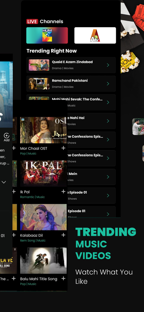 Vidly app interface showing trending Pakistani music videos and live channels like HUM and ATV