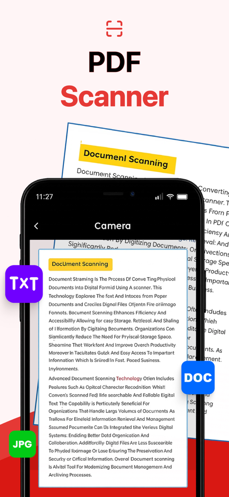 Scanova: PDF Scanner App - Pantalla de smartphone utilizando la aplicación Scanova para capturar un documento con opciones de formatos TXT JPG y DOC