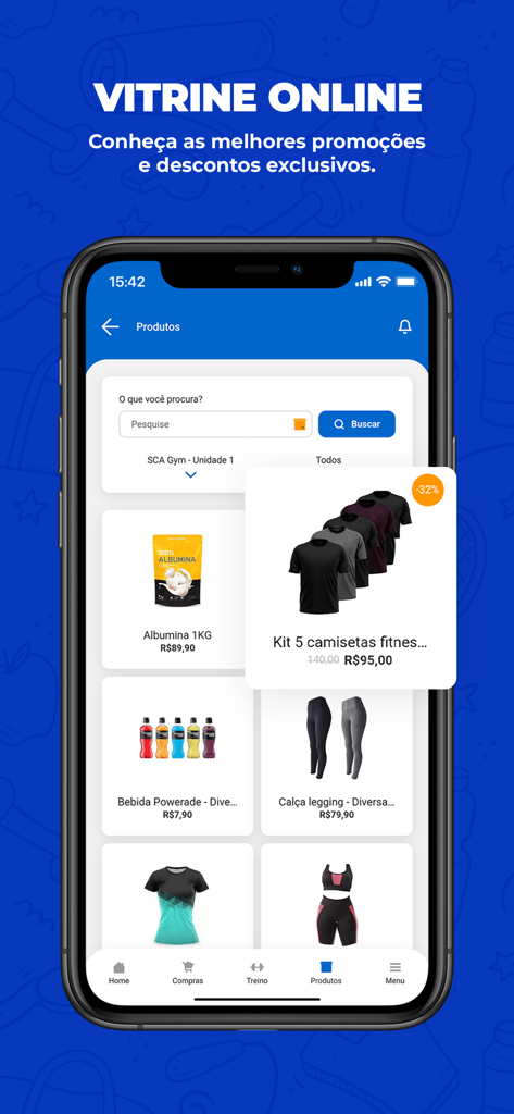 SCA Aluno app interface showing the online store with fitness products including supplements, drinks, leggings, and a discounted t-shirt kit.