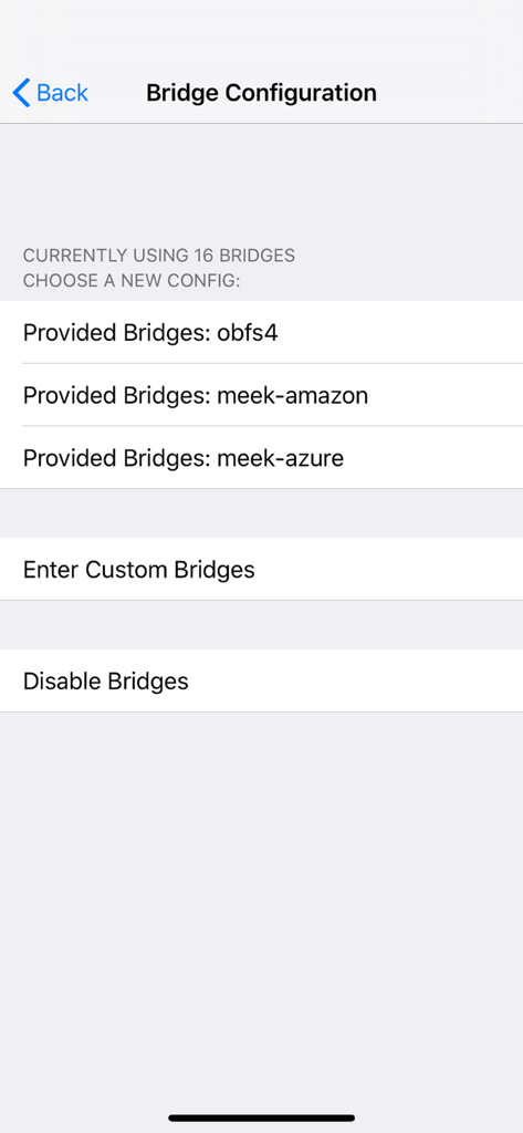 Tor bridge configuration settings in the Proxy anonymous browser app