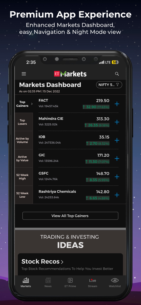 ET Markets - ET Markets mobile app dashboard in night mode showing top gainer stocks and investment ideas