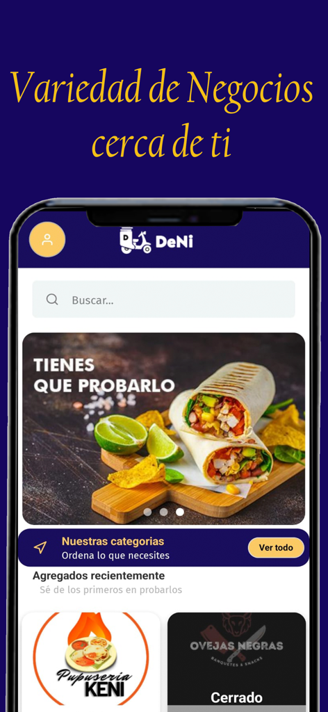DeNi - DeNiフードデリバリーアプリのホーム画面。ブリトーのバナーと地元のレストランリストが表示されています。