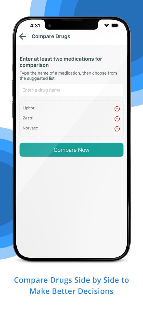 Pill Identifier & Drug Search - A mobile app screen showing a list of medications for side by side comparison