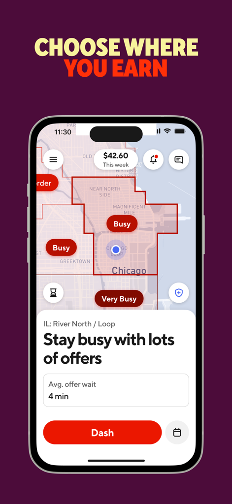La interfaz de la app DoorDash Repartidor muestra zonas de entrega concurridas en un mapa de Chicago.