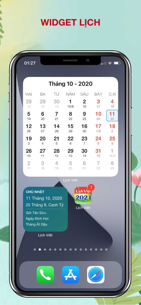 iPhone home screen displaying the Vietnamese lunar calendar widget and daily auspicious dates
