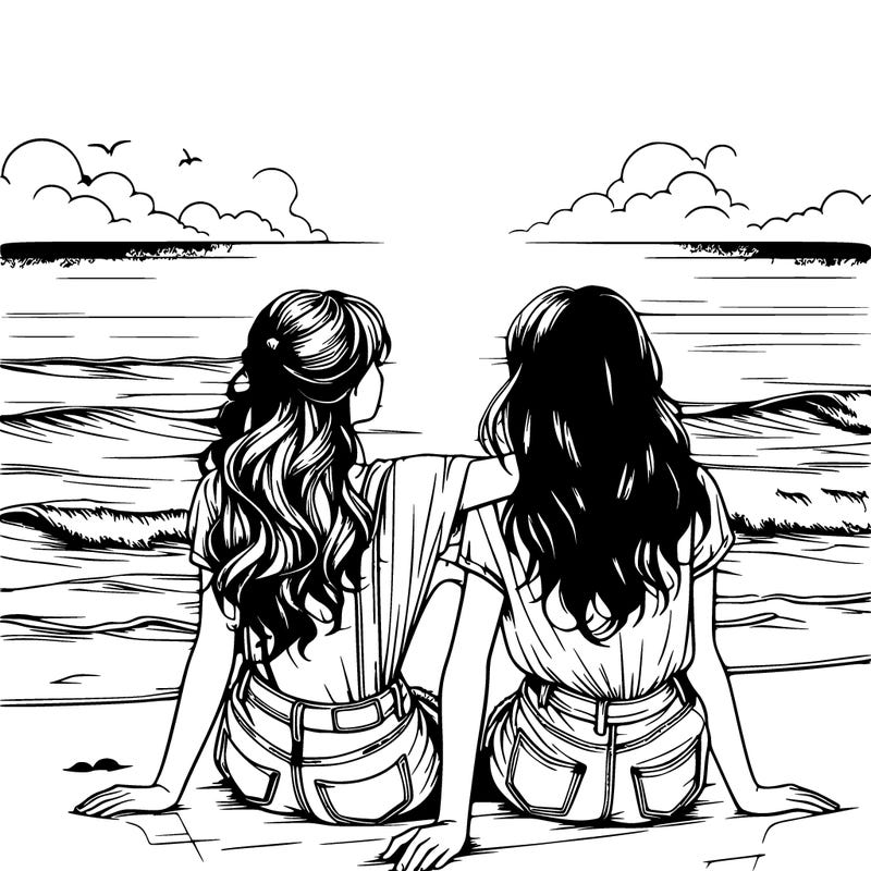 realistic  girls sitting on the beach together on a beach sunset
