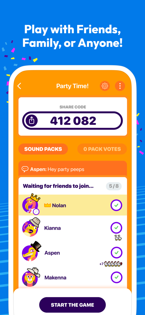A screen from the Sporcle Party app showing a game lobby with a share code and a list of players waiting to start the game.