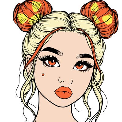 realistic girl with two buns on her hair and lips