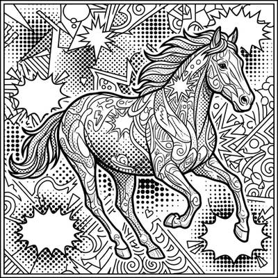 Discover a majestic horse brought to life in a vibrant Pop Art style, designed specifically for adult colorists. This intricate template offers a rewarding and creative escape, perfect for honing your coloring skills and finding relaxation.
