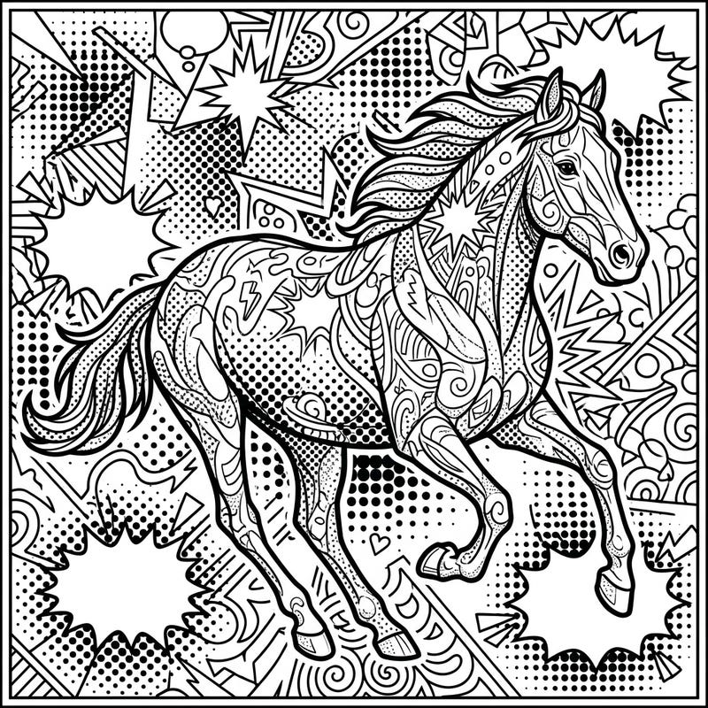 Discover a majestic horse brought to life in a vibrant Pop Art style, designed specifically for adult colorists. This intricate template offers a rewarding and creative escape, perfect for honing your coloring skills and finding relaxation.