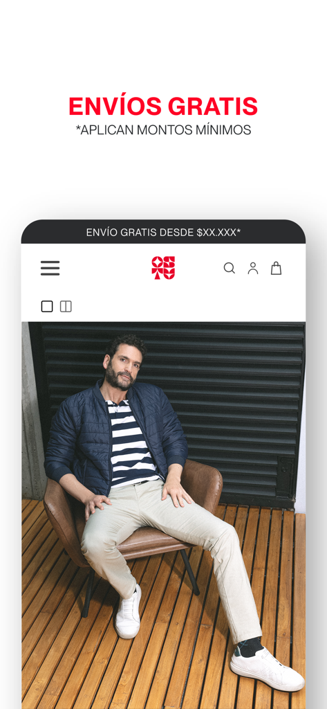 Interfaccia dell'App OSTU che mostra l'offerta di spedizione gratuita e un uomo in abbigliamento casual