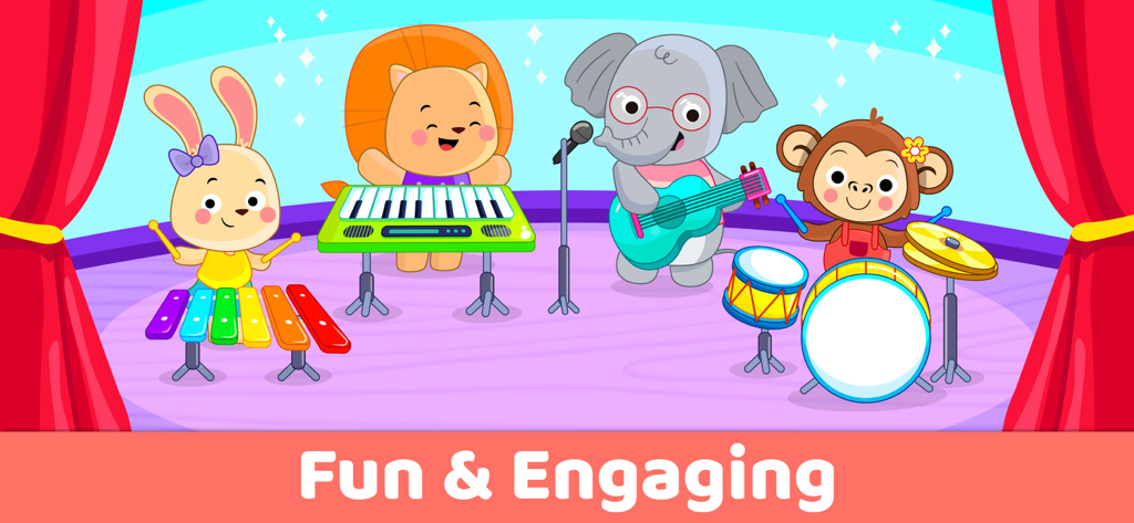 Piano Kids Music Learning Game - Animales de dibujos animados tocando instrumentos musicales en un escenario