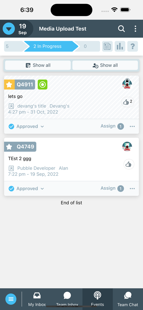 Chatify mobile app interface showing the Team Inbox with active customer chat threads and status updates.