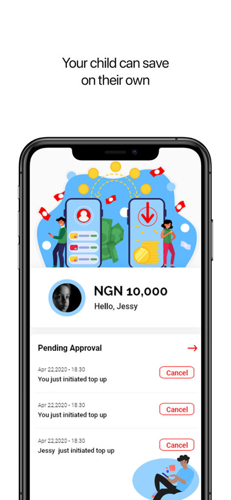 UBA Mobile Banking - UBA Mobile Banking app screen showing a child savings account feature with pending top-up approvals.