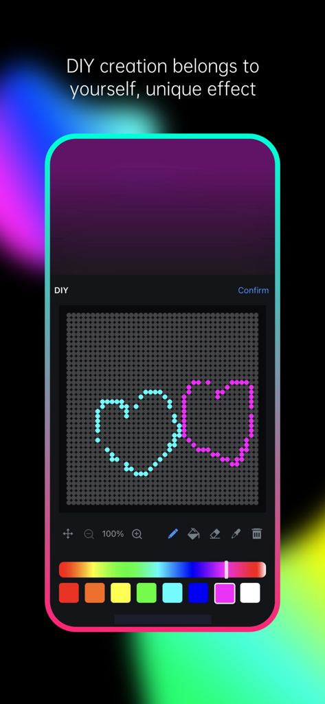 The Hello Fairy app interface showing a DIY drawing tool for creating custom heart shaped lighting patterns on a grid