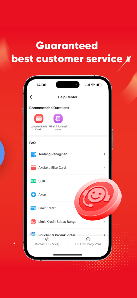 Akulaku-Installment Shopping - Akulaku App Hilfe-Center Bildschirm mit FAQ-Kategorien und 24/7 Kundenservice Kontaktmöglichkeiten