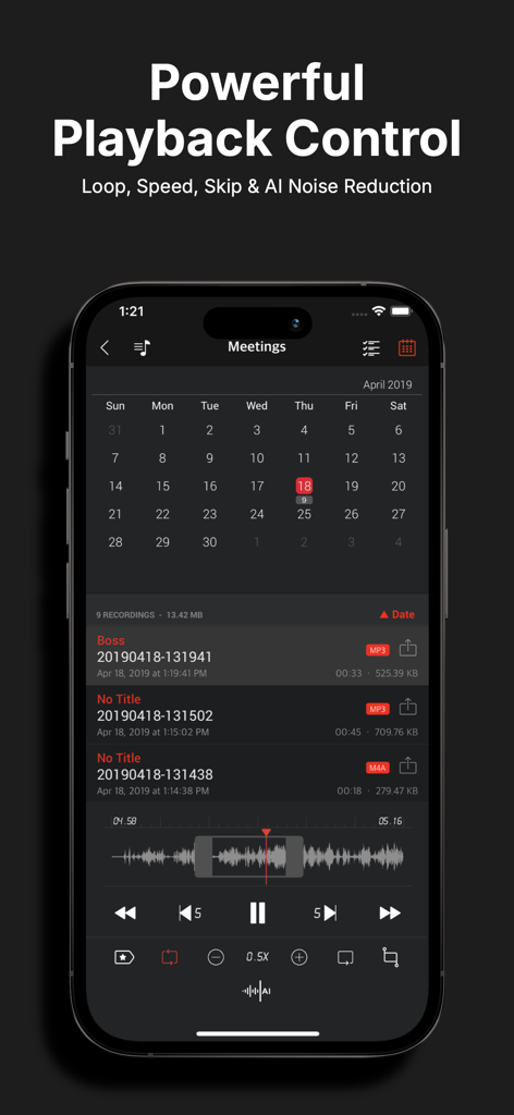 SoundNote app interface displaying playback controls with speed adjustment, waveform view, and a calendar-based recording list.
