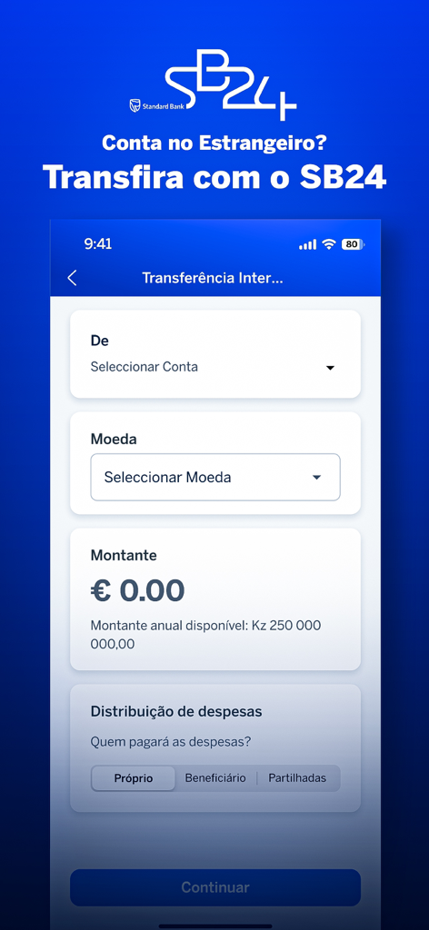 SB24 - Mobile screen of the SB24 banking app showing an international transfer form in Portuguese