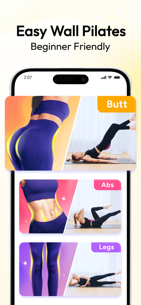 Pilates at Home, Wall Pilates - Easy Wall Pilates app interface showing beginner friendly exercises for butt abs and legs