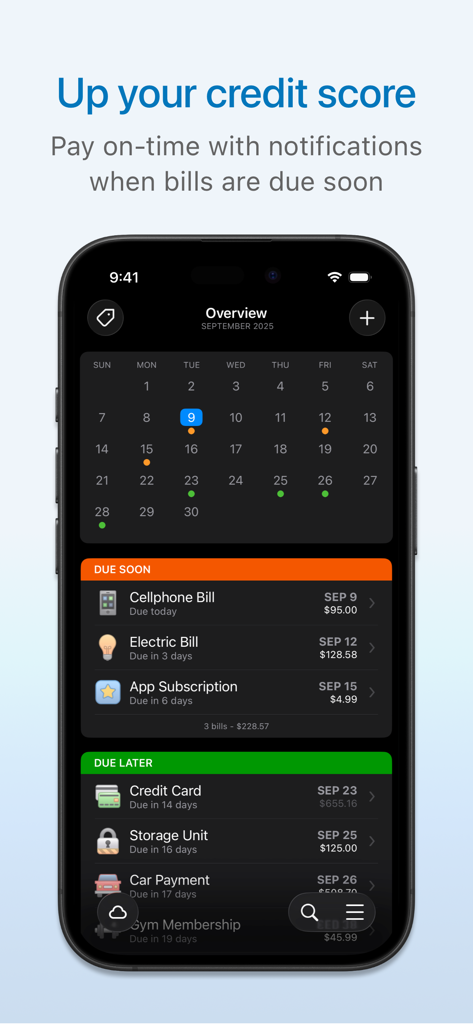 Chronicle - Bill Organizer - Interfaz de la aplicación Chronicle que muestra un calendario y una lista de facturas pendientes para ayudar a mejorar el puntaje de crédito