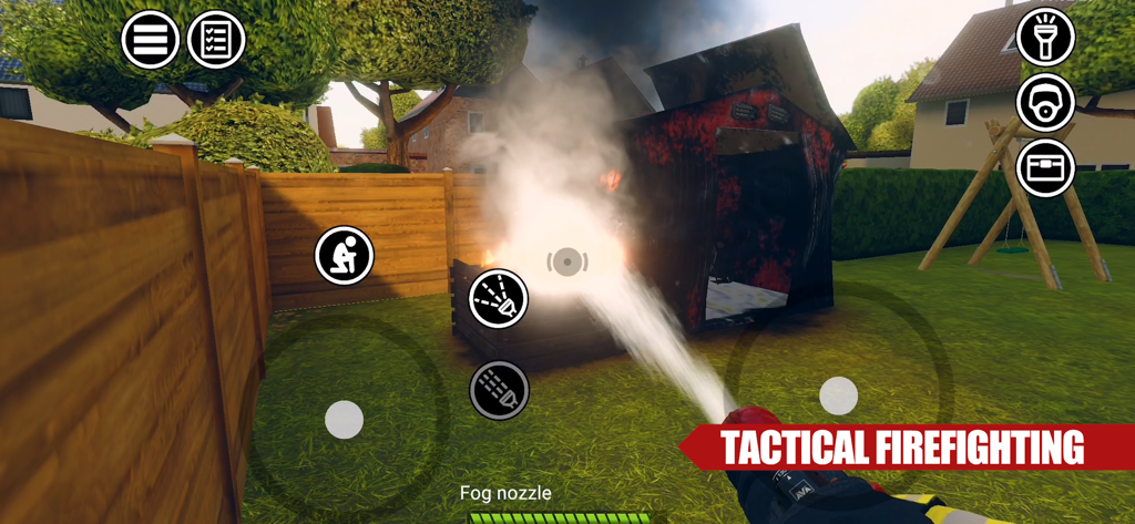 Emergency Call - Attack Squad - First-person view of a firefighter using a hose to extinguish a fire in a backyard shed