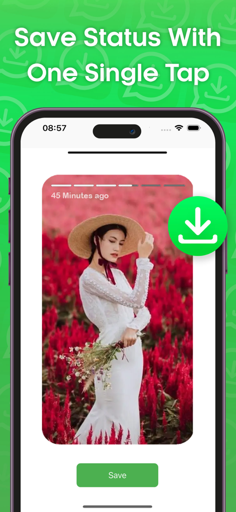 Status Saver app interface showing a photo story with a one tap download button