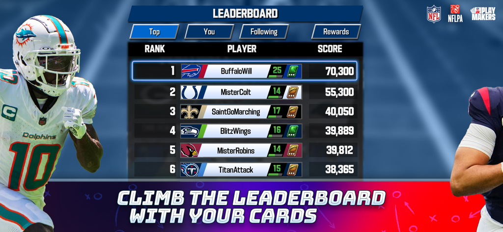 NFL 2K Playmakers - Schermata della classifica di NFL 2K Playmakers che mostra le prime posizioni e i punteggi dei giocatori.