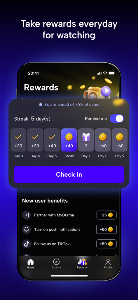 Rewards interface of MyDrama app showing daily check-in streak and coin prizes