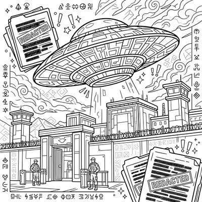 Dive into a thrilling world of mystery with this captivating Government UFO Cover-up coloring page. Explore intricate details of a secret facility under the watchful eye of an alien spacecraft, perfect for igniting your imagination.
