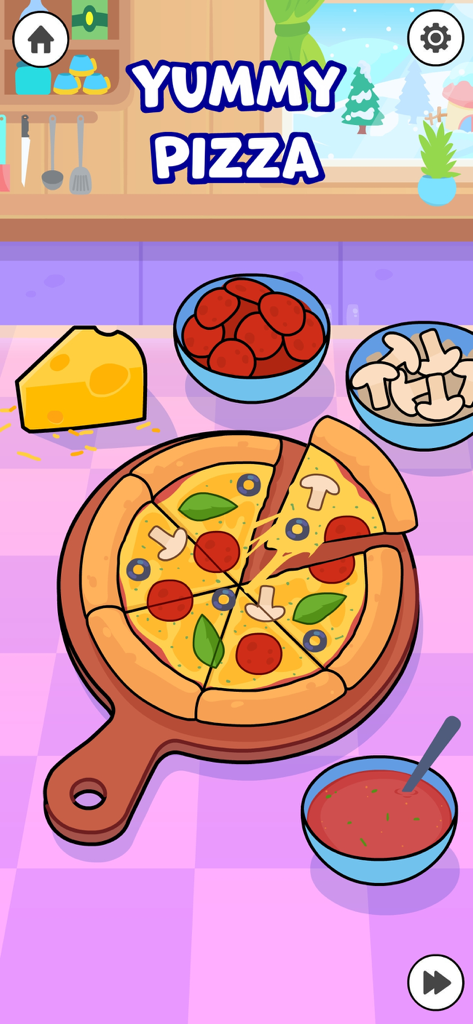 Toddler Cooking Games for Kids - A cartoon pizza with pepperoni and mushrooms on a wooden board in a toddler cooking game
