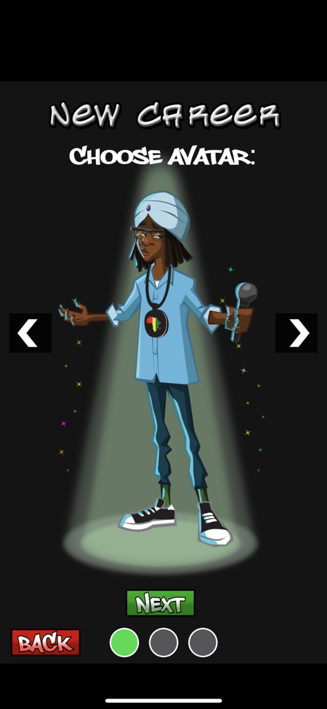 Character selection screen in Rap Quest 2 showing a customizable rapper avatar holding a microphone